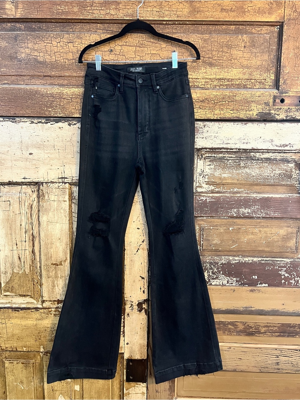 Judy Blue Black High Rise Flare Jeans | Distressed Stretch Denim | 28